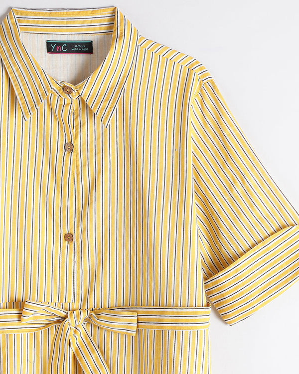 Teen girl yellow Striped Shirt dress with collar relaxed fit – YoungnCool l YnCLife