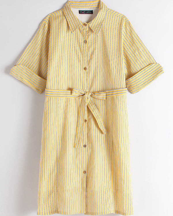 Teen girl yellow Striped Shirt dress with collar relaxed fit – YoungnCool l YnCLife