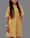 Teen girl wearing a yellow Striped Shirt dress with collar relaxed fit – YoungnCool l YnCLife