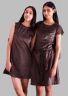 Teen girl wearing a brown velvet A-line dress with belt and relaxed sleeves –YoungnCool - YnCLife