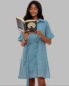 Teen girl wearing a blue Striped Shirt dress with collar relaxed fit – YoungnCool l YnCLife