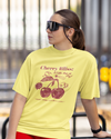 Teen girl wearing oversized graphic t-shirt with 'Cherry Bliss' design – streetwear style by YoungnCool-YnCLife
