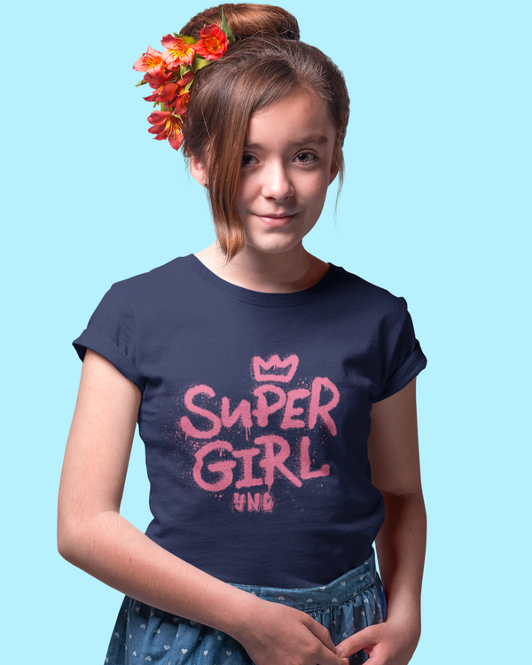 Teen girl wearing oversized graphic t-shirt with 'Super Girl' design – streetwear style by YoungnCool YnCLife