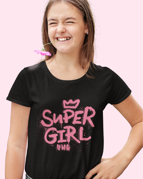 Teen girl wearing oversized graphic t-shirt with 'Super Girl' design – streetwear style by YoungnCool YnCLife